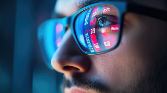Young man with glasses looking at digital screen reflecting online shopping deals for cyber monday concept - Powered by Adobe