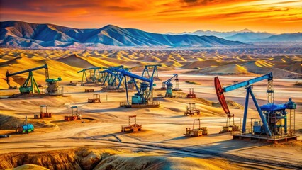 Fototapeta premium Expansive Oil Fields in the Persian Gulf Region of the Middle East with Desert Landscape Background