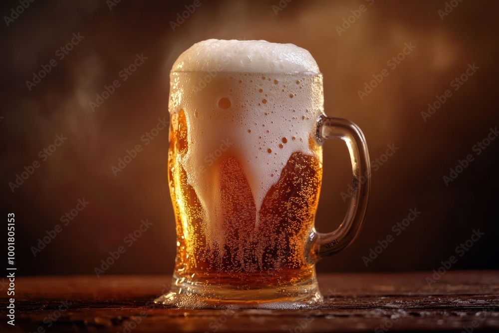 Poster Close-up of a frothy beer mug overflowing on a rustic wooden table during a cozy gathering. Generative AI