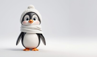 A cartoon penguin wearing a scarf and hat stands in front of a white background