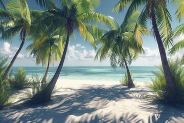 Obraz premium Tropical Beach Paradise: Palm Trees, White Sand, and Crystal Clear Water
