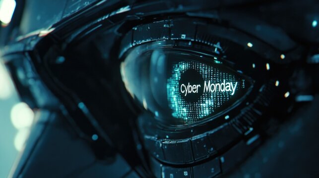 Futuristic cybernetic eye displaying cyber monday text with digital blue hues signifying technology and online shopping concept