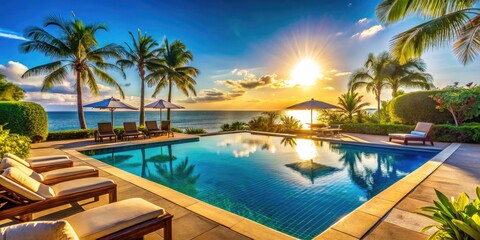 Exquisite luxury poolside oasis with stunning beach view under clear blue sky and sunlit ambiance