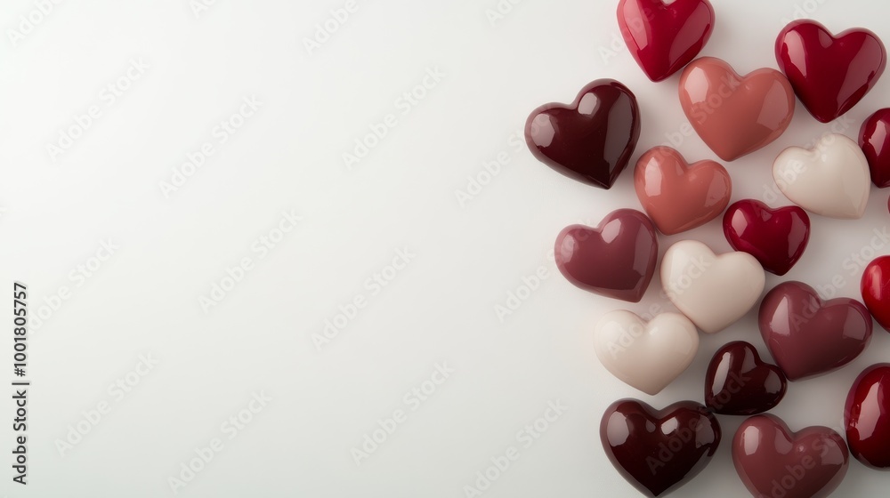 Poster A collection of 3D hearts in multiple colors and sizes appears to float against a simple white background, creating a visually appealing layered effect with room for text or graphics