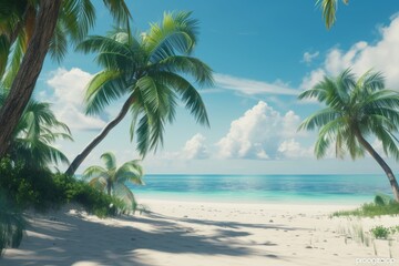 Fototapeta premium Tropical Beach Paradise: Palm Trees, White Sand, and Azure Water