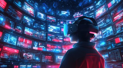 Young woman with vr headset gazing at multiple digital screens in futuristic cyber environment, concept of cyber monday