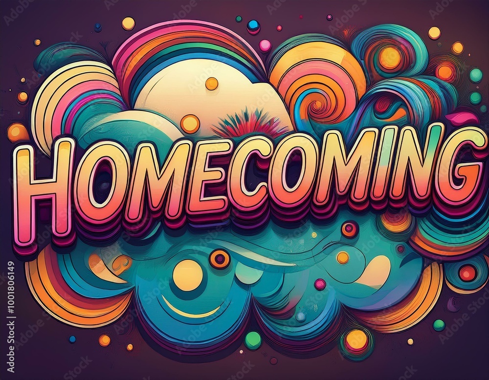 Fototapete the word 'homecoming' is written in stylish and colorful retro bubble script letters