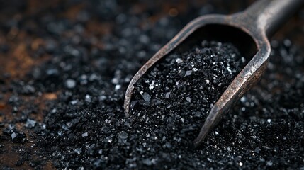 Close-up of black salt crystals with a metal scoop