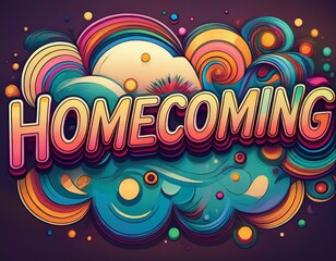 The word 'Homecoming' is written in stylish and colorful retro bubble script letters