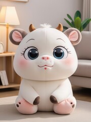 Fototapeta premium A white stuffed animal cow with horns and a blue eye