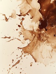 Artistic background made of spilled coffee stains and splashes creating an abstract texture on a light surface. Generative AI