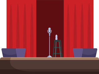 Empty stand up comedy stage is set with a microphone and stool, the red curtains are closed, and the spotlights are waiting to shine