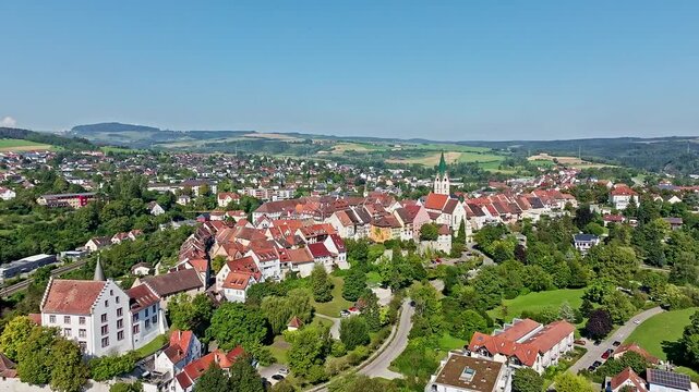 Aerial view of the town of Engen in Hegau with the historic old town, district of Constance, Baden-W&uuml;rttemberg, Germany, Europe