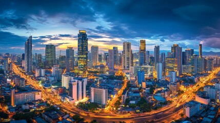 Obraz premium Vibrant Metropolis at Dusk - Stunning Skyline of a Modern City