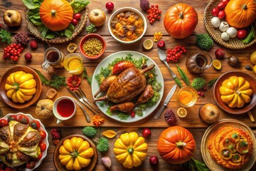 Fototapeta premium Festive Thanksgiving Table with Autumn Decorations, Pumpkins, and Delicious Feast for Celebration