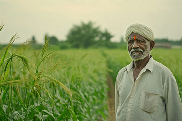 An elderly farmer gazes thoughtfully at the camera while standing in a lush green field showcasing his connection to the land
