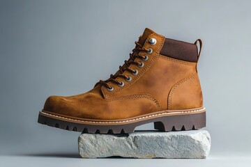 Male walking boots with stones or concrete block on gray background. Autumn stylish leather shoes for adventure or travel. with generative ai