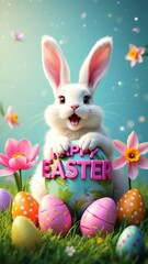 Obraz premium Text Happy Easter with Soft Pastel Colors, Eggs, and Bunnies