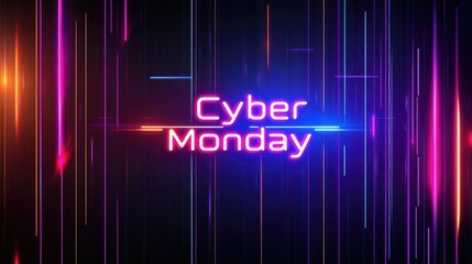Obraz premium Bright neon cyber monday sign with digital lines on dark background celebrating online shopping concept