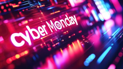 Neon cyber monday sale banner with futuristic digital glitch effects, vibrant colors, and technology theme for online shopping concept