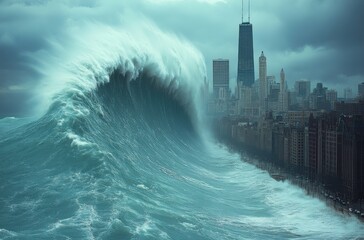 A catastrophic tsunami wave engulfs the city of city, submerging buildings and creating chaos in a terrifying moment
