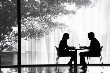Two people are seated at a table near a large glass window while they discuss business topics in a modern professional setting