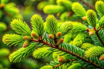 Fototapeta premium Fresh Green Spruce Branches of Coniferous Tree Sprouting New Growth in Vibrant Spring Season