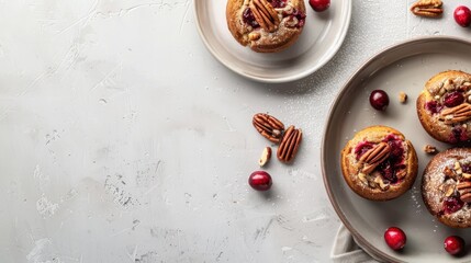 Fototapeta premium Overhead Shot of Rustic Cranberry and Pecan Nut Cakes on Simple Backdrop