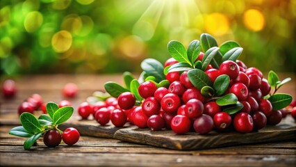 Fresh Lingonberries on Wooden Table with Green Leaves in Natural Light, Perfect for Culinary Use