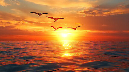 A group of birds flying over the ocean, in the evening at sunset, golden yellow light.