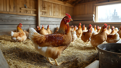 Farming laying hens in a wooden coop, rural atmosphere.