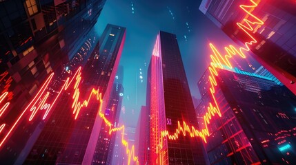 Obraz premium digital financial data charts overlay a cityscape at night, with glowing lines, economic trends and analytics concepts