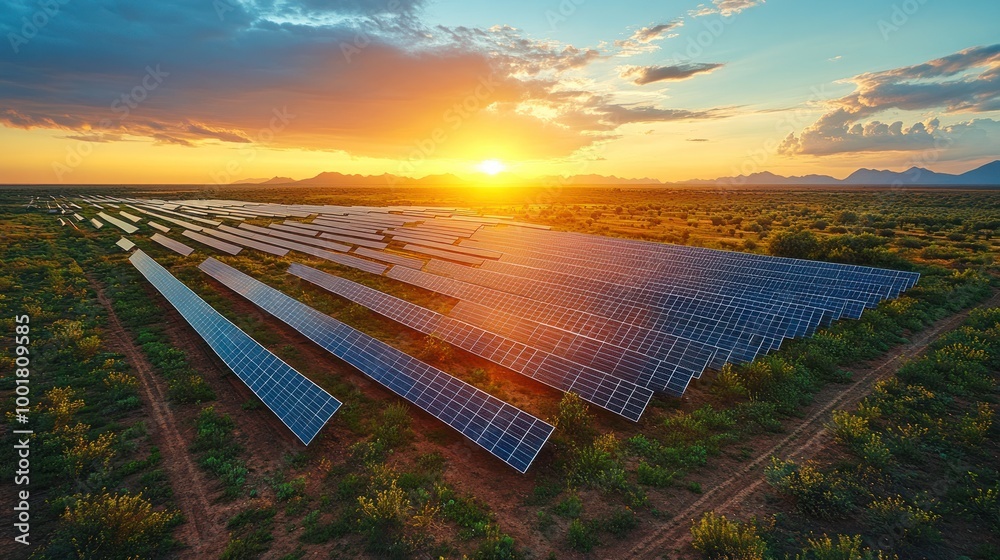 Canvas Prints Aerial view of solar panels in a field at sunset.