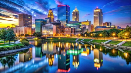 Fototapeta premium Futuristic Omaha Skyline at Dusk with Modern Architecture and Vibrant City Lights Reflections