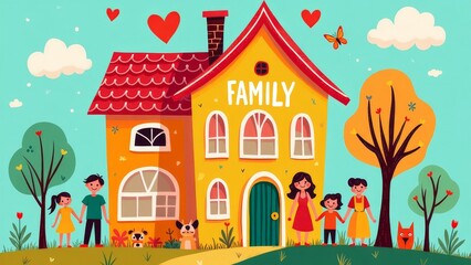 Obraz premium Text Family First with Hand-Drawn Hearts and Cozy Home Elements