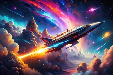 Futuristic Spaceship Flying Through Starry Sky with Bright Nebulas and Cosmic Background Elements