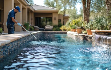 Professional pool cleaning service with a technician using a pole to maintain a sparkling pool amidst desert landscaping