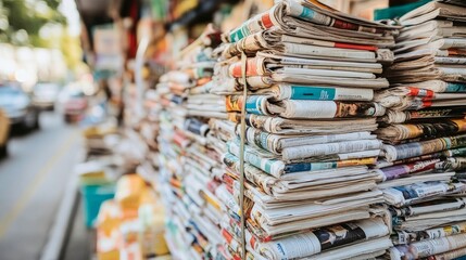 Stacks of Newspapers and Magazines in a Street Store Display