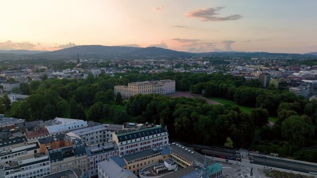 4K aerial video of the Royal Palace (Det kongelige slott) and Statue of King Karl Johan Oslo. In the background the castle park. Oslo, Norway.