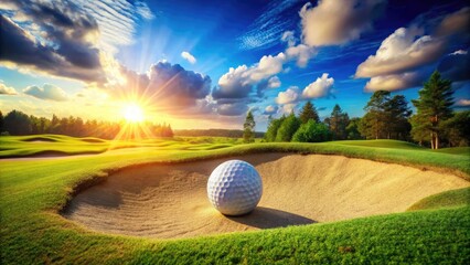 Golf ball sitting on sand surrounded by lush green grass on a sunny day at a golf course landscape
