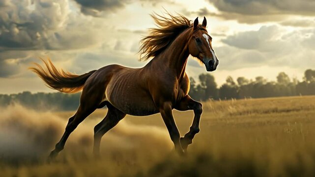 A brown horse gallops through a field, its mane and tail flowing in the wind
