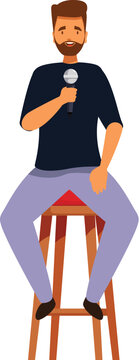 recommend clip art: Smiling bearded man in casual clothes sitting on a high chair and speaking on a microphone