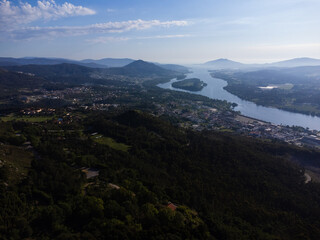 Aerial view of Vila Nova de Cerveira, Portugal. Miradouro do Cervo Viewpoint. Alto Minho, Viana do Castelo in Portugal. On one side of the river is Portugal, on the other is Spain