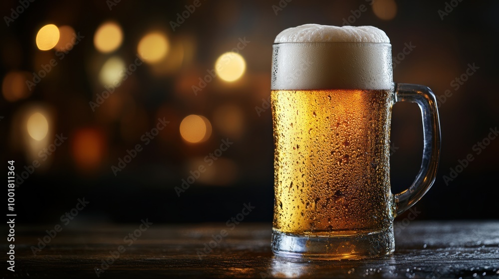 Poster A frothy beer mug overflowing with foam on a rustic wooden table in a cozy pub setting. Generative AI