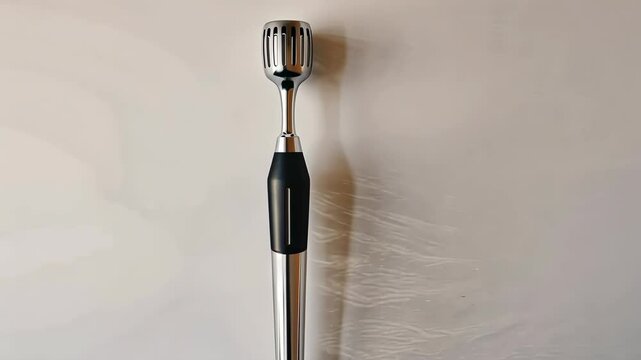A silver and black cocktail muddler rests on a white background