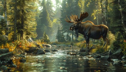 Moose standing by forest stream in peaceful woodland
