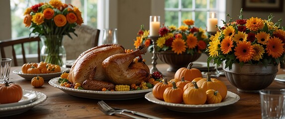 Thanksgiving Feast: A rustic, homey scene with a golden-brown roasted turkey, surrounded by pumpkins and flowers, on a wooden table set with a formal dinnerware.