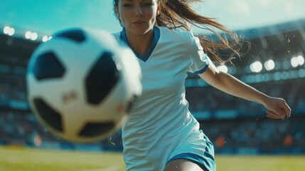 Female soccer player in action kicking ball at stadium on sunny day sport