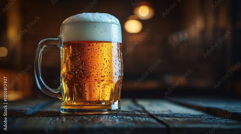 Poster A frothy beer mug overflowing with foam on a rustic wooden table in a cozy tavern setting. Generative AI