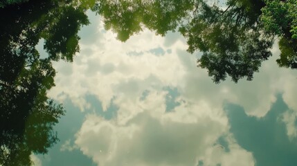 Obraz premium Serene Woodland Canopy with Cloudy Sky Reflection